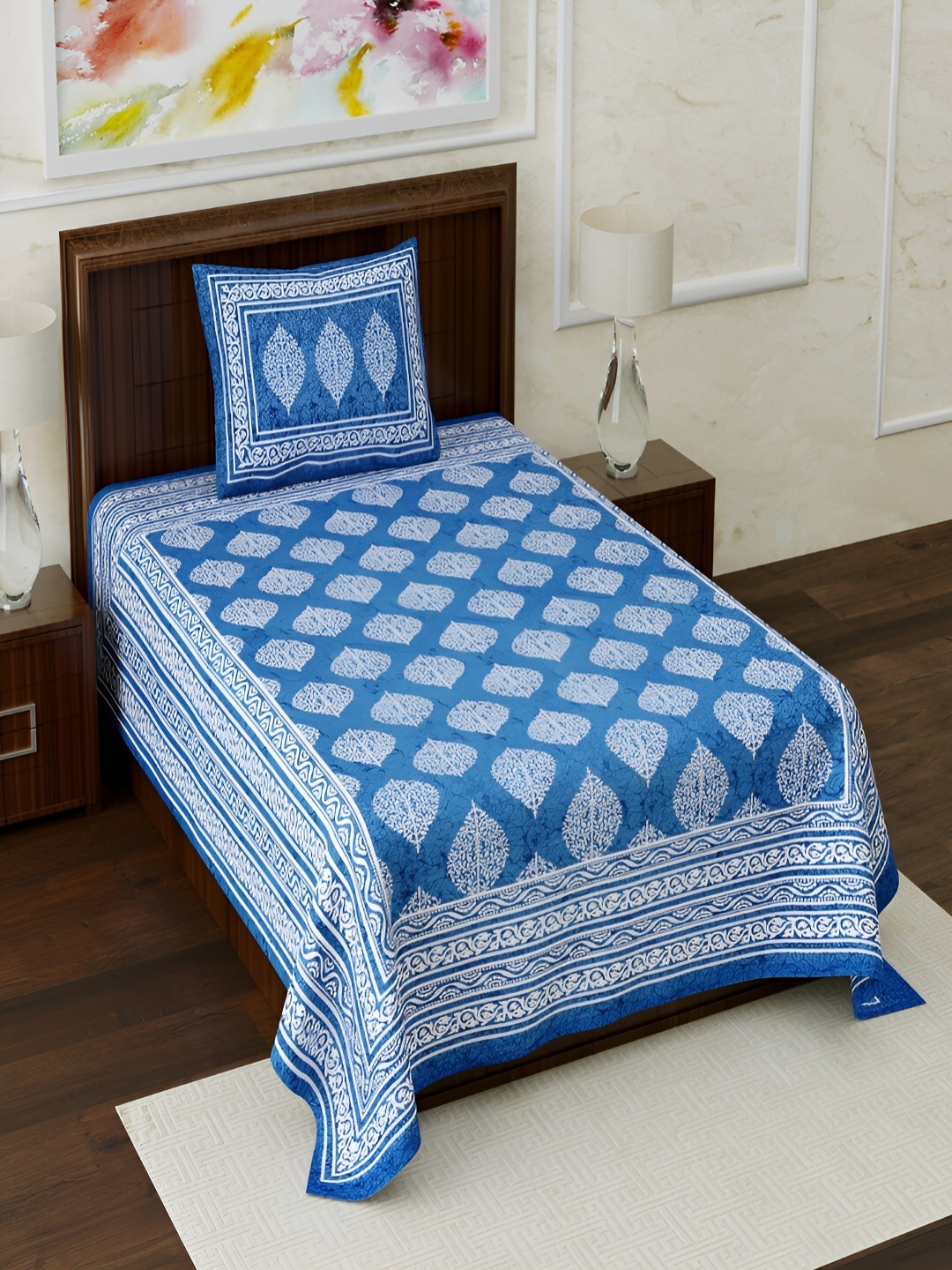 Aura Blue & White Ethnic Motifs 120 TC Pure Cotton Single Bedsheet with 1 Pillow Cover
Aura Blue & White Ethnic Motifs 120 TC Pure Cotton Single Bedsheet with 1 Pillow Cover