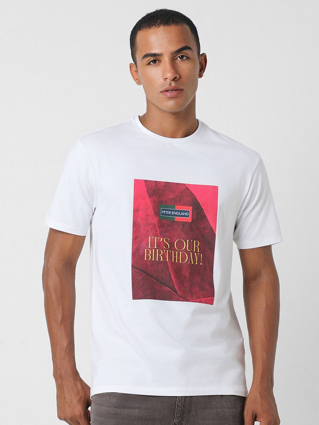 Peter England Round Neck Short Sleeves Typographic Printed Regular Fit Cotton T-shirt, White
Peter England Round Neck Short Sleeves Typographic Printed Regular Fit Cotton T-shirt, White