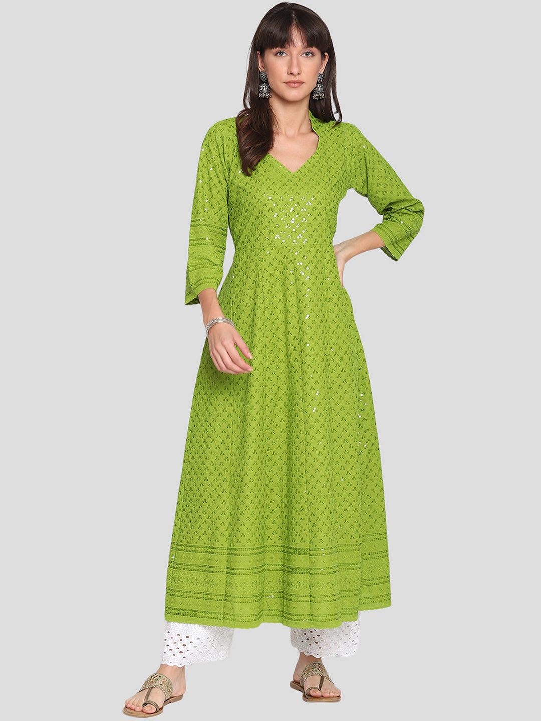 QUEENLEY Ethnic Motifs Embroidered Notch Neck Cotton Chikankari Anarkali Kurta, Green
QUEENLEY Ethnic Motifs Embroidered Notch Neck Cotton Chikankari Anarkali Kurta, Green