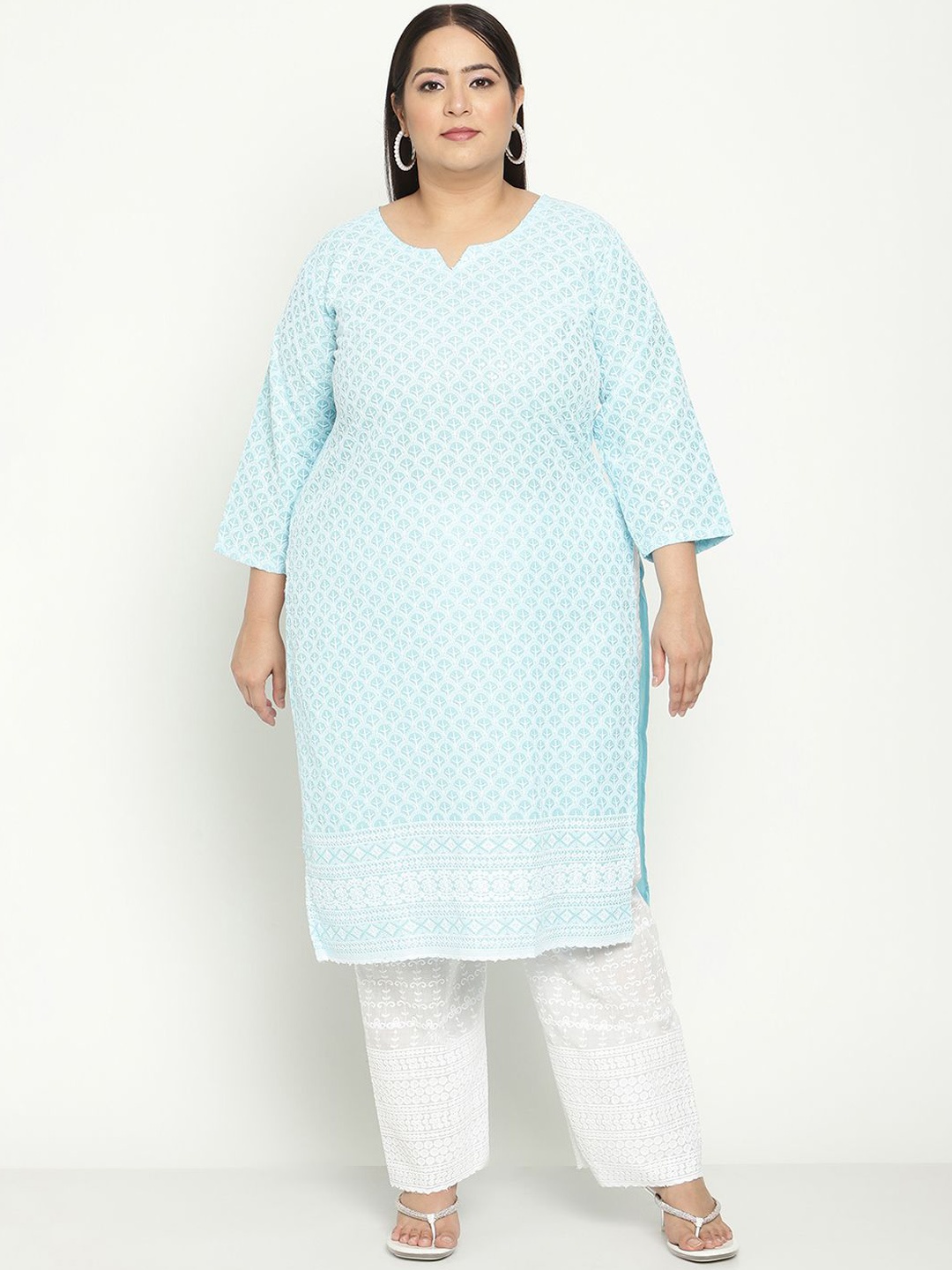 QUEENLEY Plus Size Ethnic Motifs Embroidered Notch Neck Cotton Chikankari Straight Kurta, Blue
QUEENLEY Plus Size Ethnic Motifs Embroidered Notch Neck Cotton Chikankari Straight Kurta, Blue