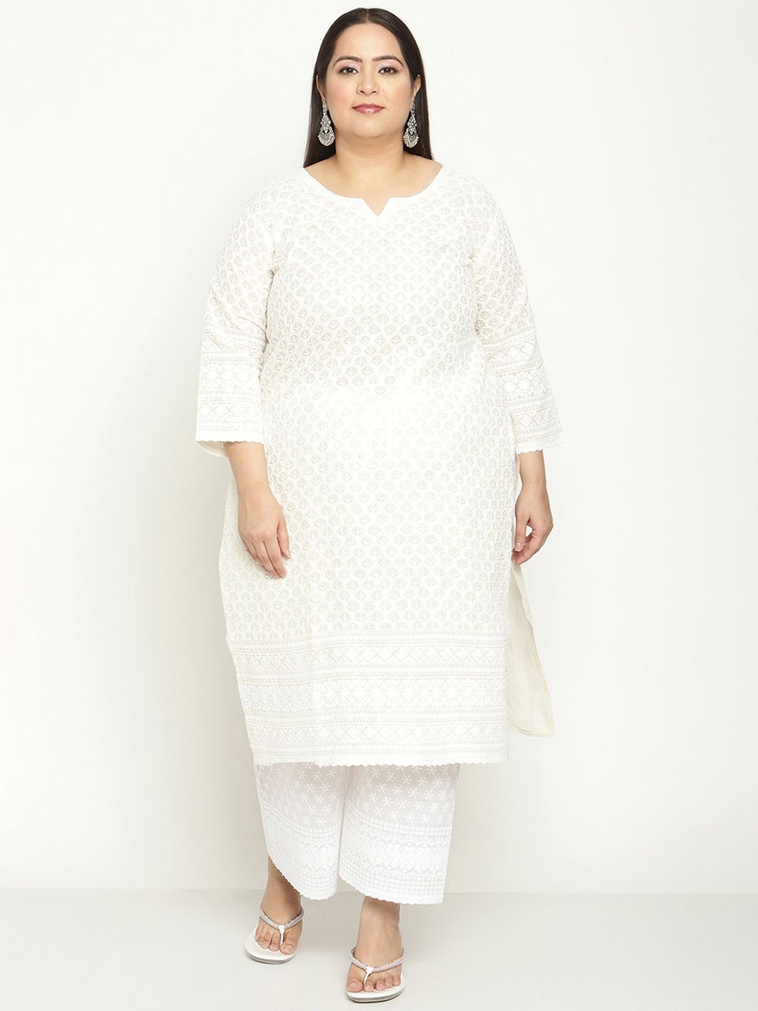 QUEENLEY Plus Size Notch Neck Ethnic Motifs Embroidered Chikankari Cotton Straight Kurta, Cream
QUEENLEY Plus Size Notch Neck Ethnic Motifs Embroidered Chikankari Cotton Straight Kurta, Cream
