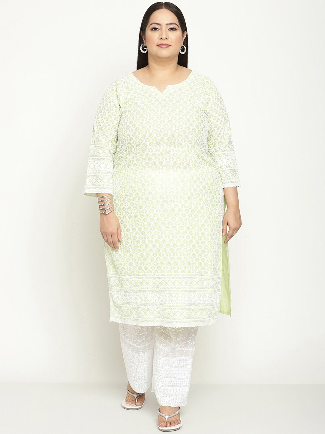 QUEENLEY Plus Size Floral Embroidered Notch Neck Regular Chikankari Cotton Kurta, Green
QUEENLEY Plus Size Floral Embroidered Notch Neck Regular Chikankari Cotton Kurta, Green