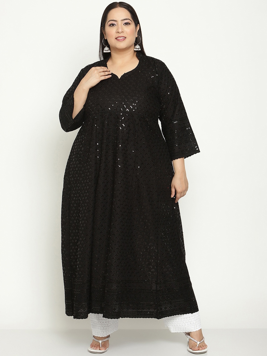 QUEENLEY Plus Size Ethnic Motifs Embroidered Notch Neck Cotton Chikankari Anarkali Kurta, Black
QUEENLEY Plus Size Ethnic Motifs Embroidered Notch Neck Cotton Chikankari Anarkali Kurta, Black