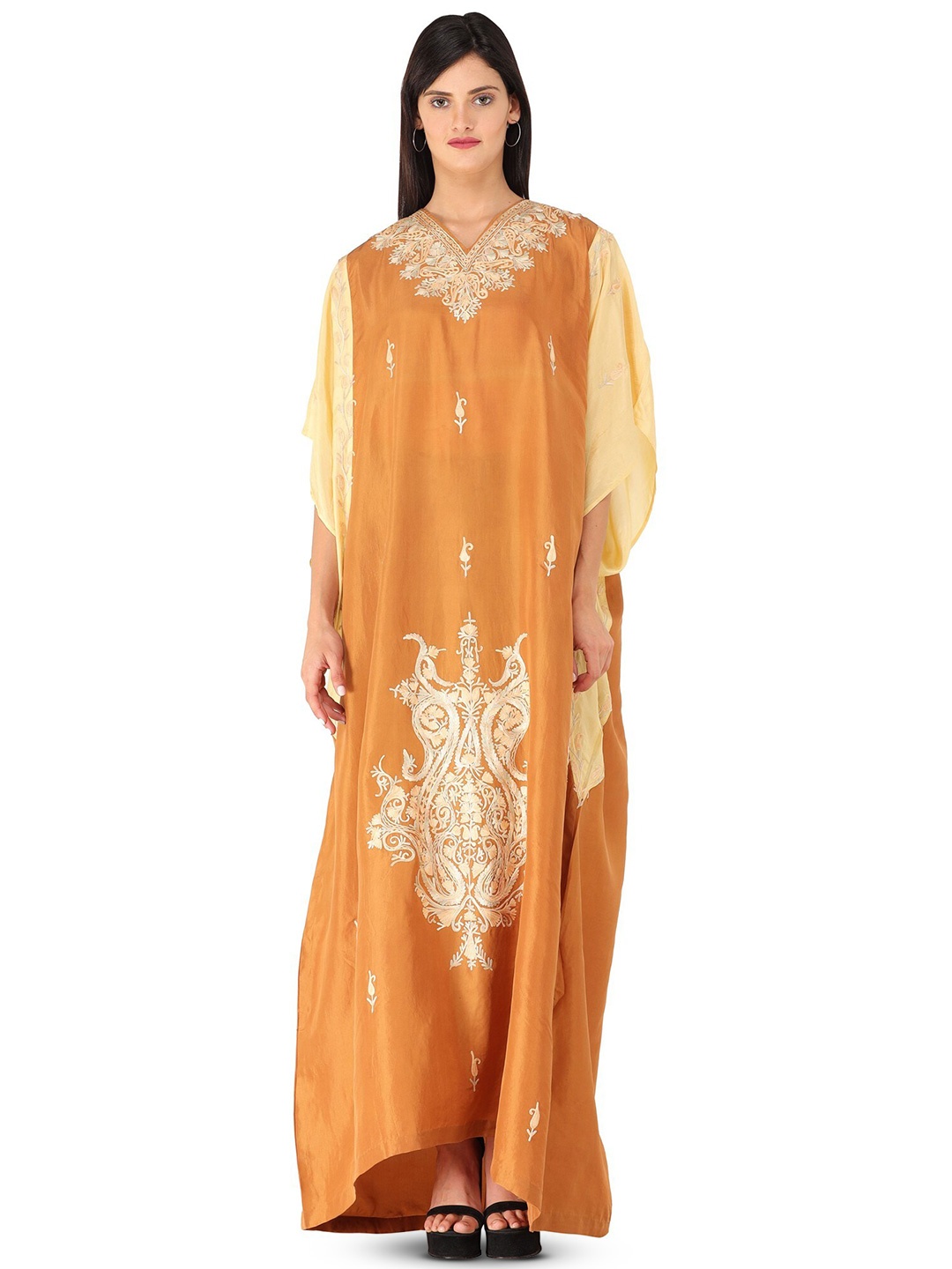 Exotic India Sudan Brown Long Kashmiri Chiffon Kaftan with Aari Embroidered Flowers, Yellow
Exotic India Sudan Brown Long Kashmiri Chiffon Kaftan with Aari Embroidered Flowers, Yellow