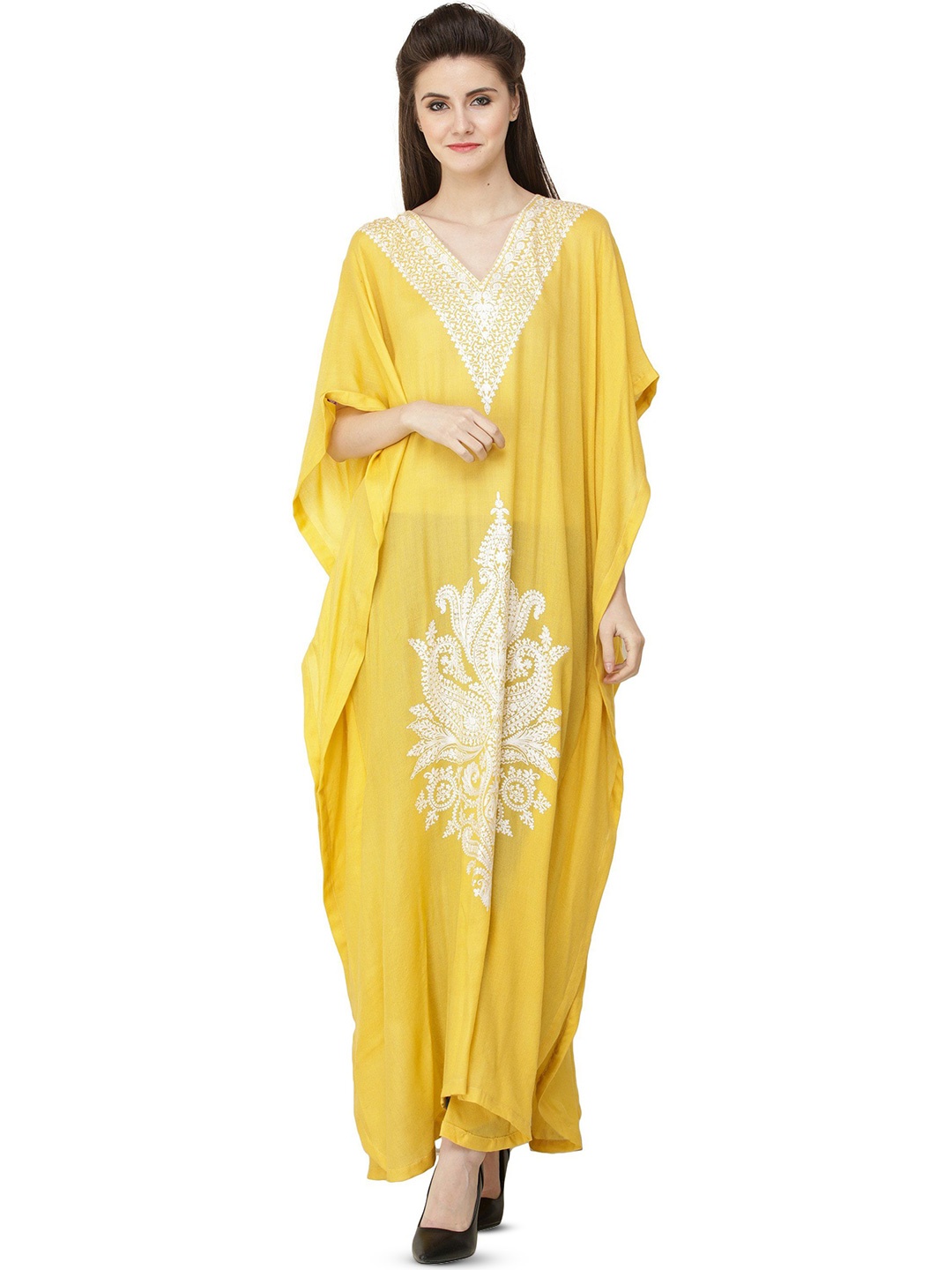 Exotic India Cashmere Long Kashmiri Kaftan with Aari Embroidered Flowers and Paisleys, Yellow
Exotic India Cashmere Long Kashmiri Kaftan with Aari Embroidered Flowers and Paisleys, Yellow