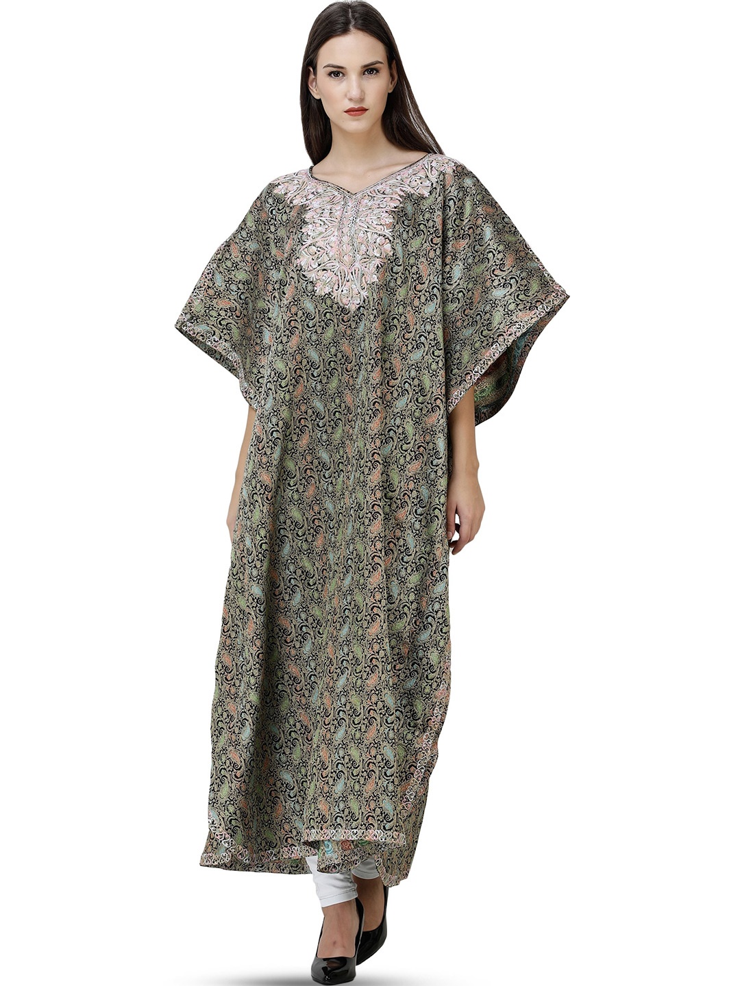Exotic India Caviar Black Long Kashmiri Kaftan with Zari-Embroidered Paisleys All-Over
Exotic India Caviar Black Long Kashmiri Kaftan with Zari-Embroidered Paisleys All-Over