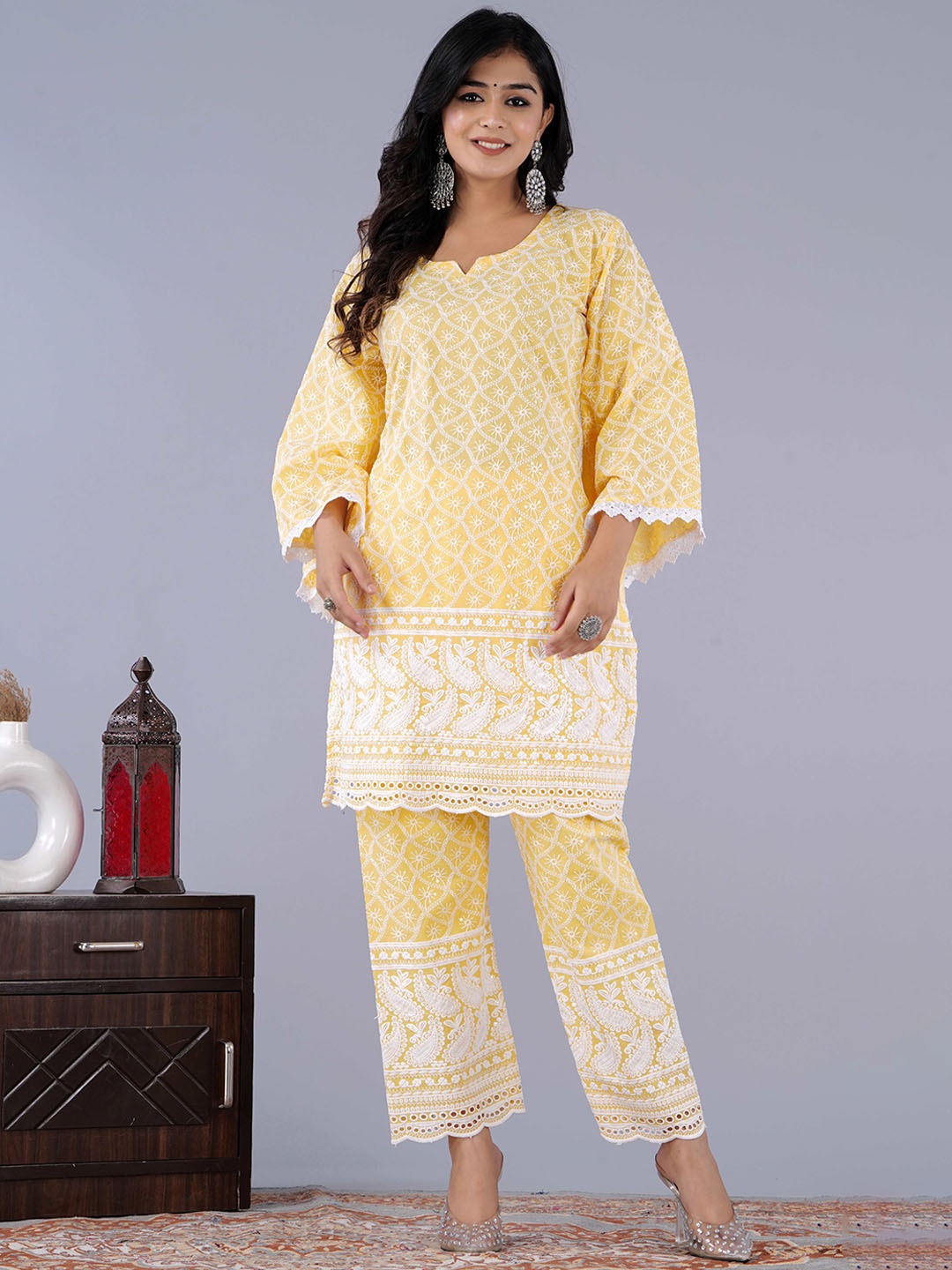 QUEENLEY Ethnic Motifs Embroidered Bell Sleeves Chikankari Pure Cotton Kurti with Palazzos, Yellow
QUEENLEY Ethnic Motifs Embroidered Bell Sleeves Chikankari Pure Cotton Kurti with Palazzos, Yellow