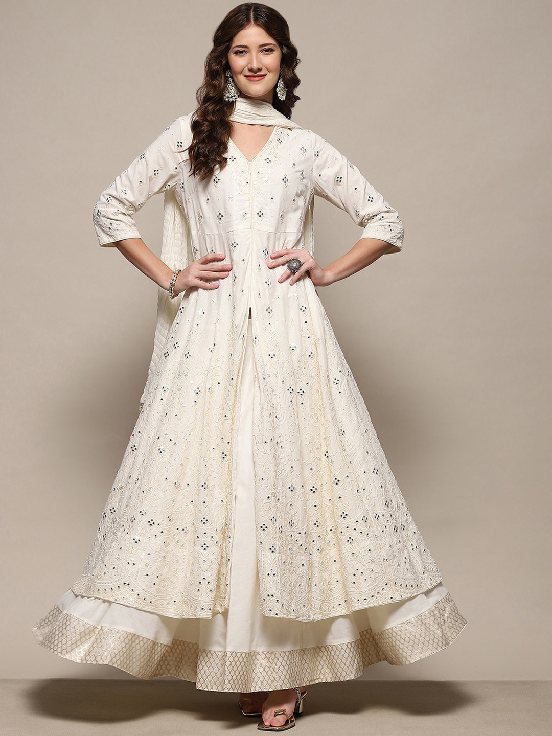 Biba Floral Embroidered Mirror Work Pure Cotton Empire Anarkali Kurta With Skirt & Dupatta, Off white
Biba Floral Embroidered Mirror Work Pure Cotton Empire Anarkali Kurta With Skirt & Dupatta, Off white
