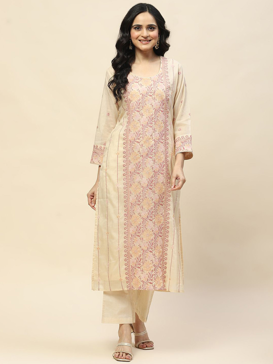 Meena Bazaar Floral Embroidered Thread Work Straight Kurta With Trousers, Beige
Meena Bazaar Floral Embroidered Thread Work Straight Kurta With Trousers, Beige