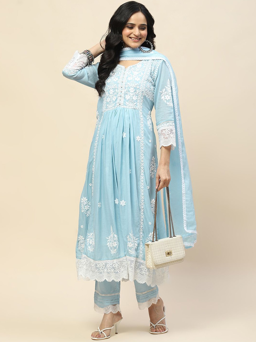 Meena Bazaar Floral Embroidered Thread Work Anarkali Kurta With Trousers & Dupatta, Blue
Meena Bazaar Floral Embroidered Thread Work Anarkali Kurta With Trousers & Dupatta, Blue