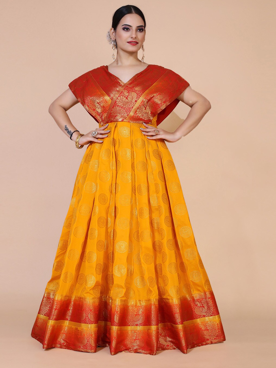 PRANZ CREATION V Neck Extended Sleeves Ethnic Motifs Print Jacquard Maxi Dress, Yellow
PRANZ CREATION V Neck Extended Sleeves Ethnic Motifs Print Jacquard Maxi Dress, Yellow