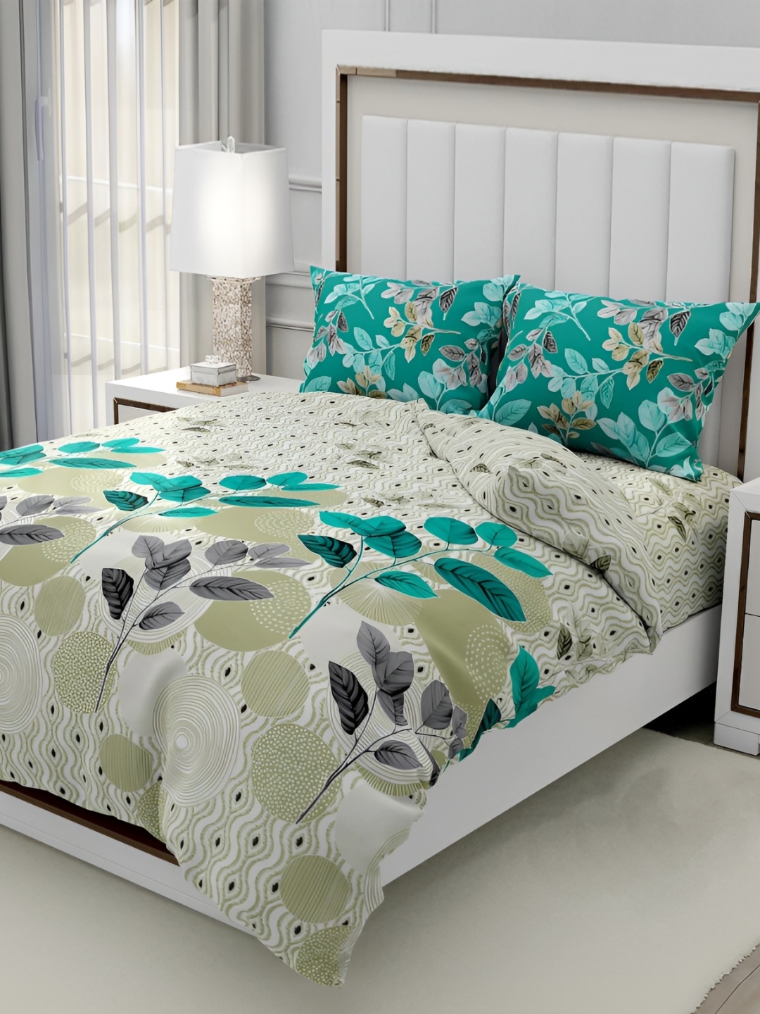 Signature Beige & Green Floral 160 TC King Bedsheet with 2 Pillow Covers