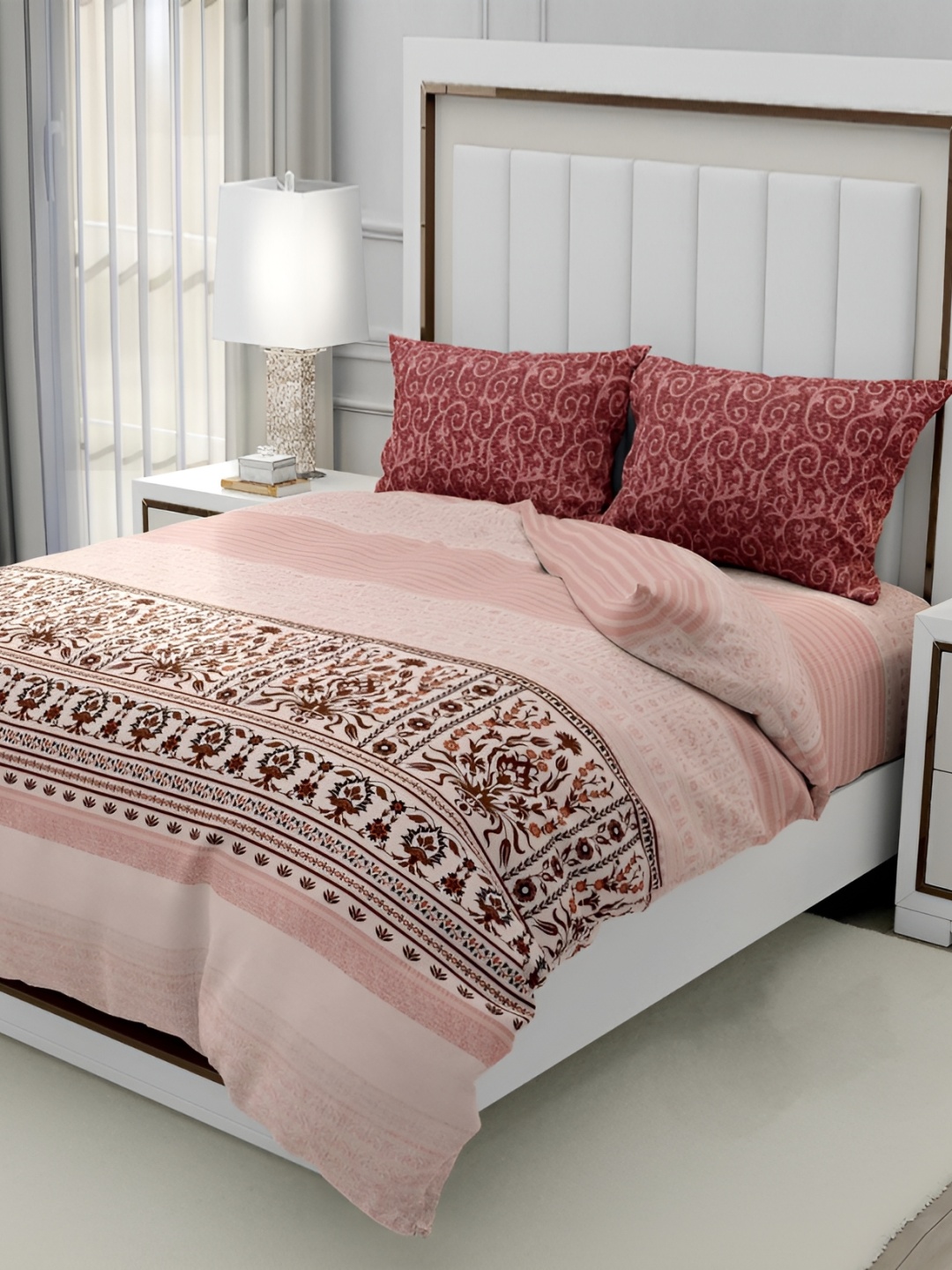 Signature Pink & Red Floral 160 TC King Bedsheet with 2 Pillow Covers