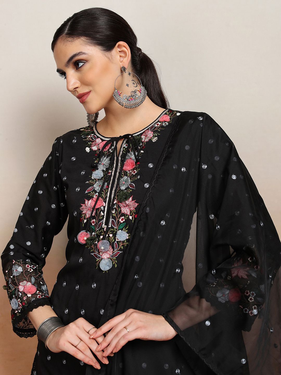Vishudh Women Embroidered Regular Chanderi Cotton Kurti with Sharara & With Dupatta, Black
Vishudh Women Embroidered Regular Chanderi Cotton Kurti with Sharara & With Dupatta, Black