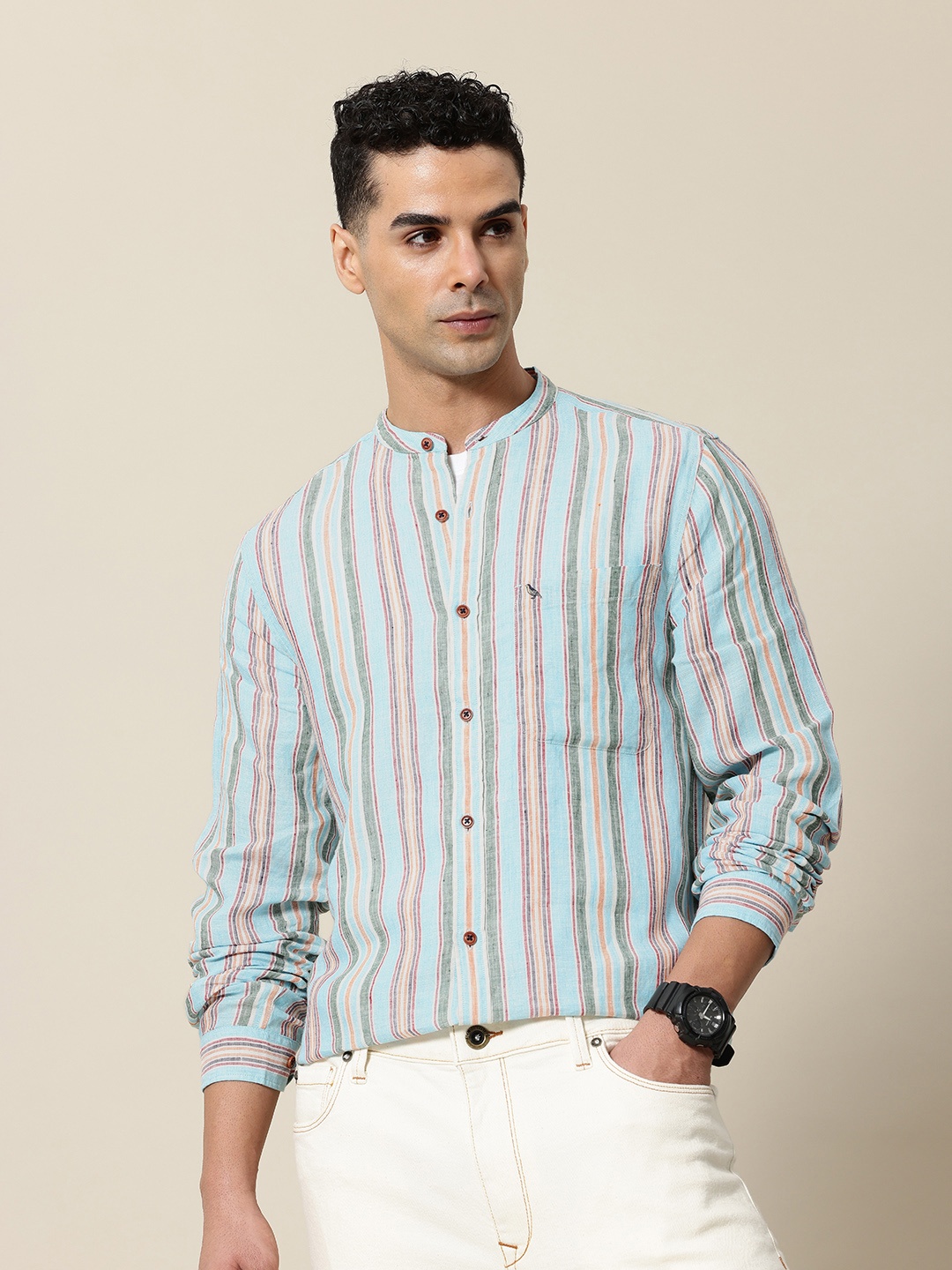 Mr Bowerbird Men Tailored Fit Semi Sheer Striped Mandarin Collar Linen Casual Shirt, Multi
Mr Bowerbird Men Tailored Fit Semi Sheer Striped Mandarin Collar Linen Casual Shirt, Multi