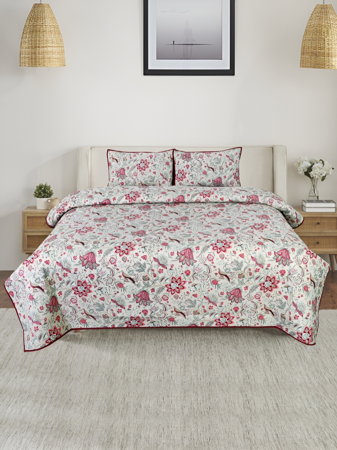 Soumya White Printed Cotton Reversible 250-349 TC Quilted Double King Bed Cover Set
Soumya White Printed Cotton Reversible 250-349 TC Quilted Double King Bed Cover Set
