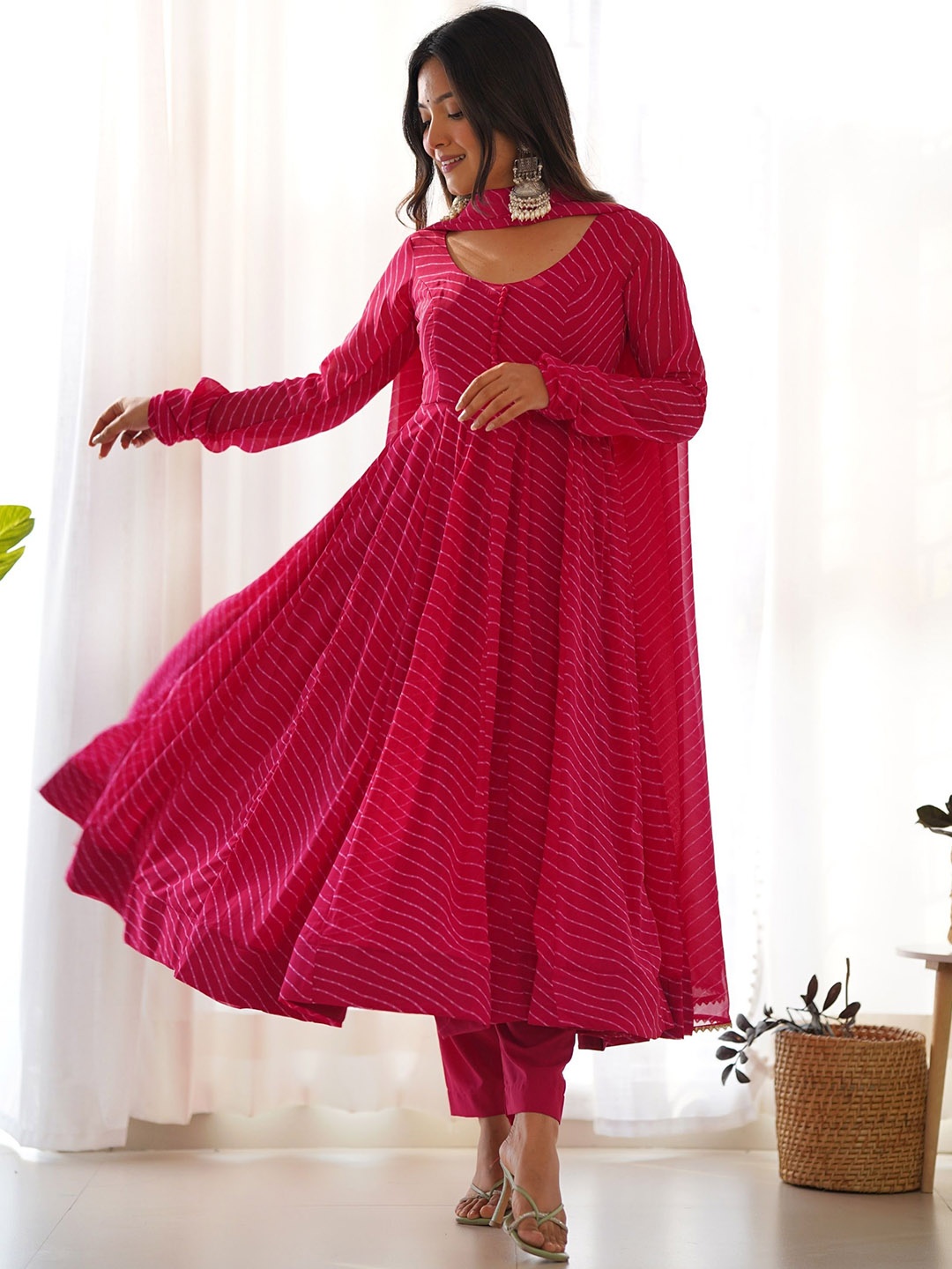KALINI Leheriya Printed Regular Gott Patti Anarkali Kurta With Palazzos & Dupatta, Pink
KALINI Leheriya Printed Regular Gott Patti Anarkali Kurta With Palazzos & Dupatta, Pink