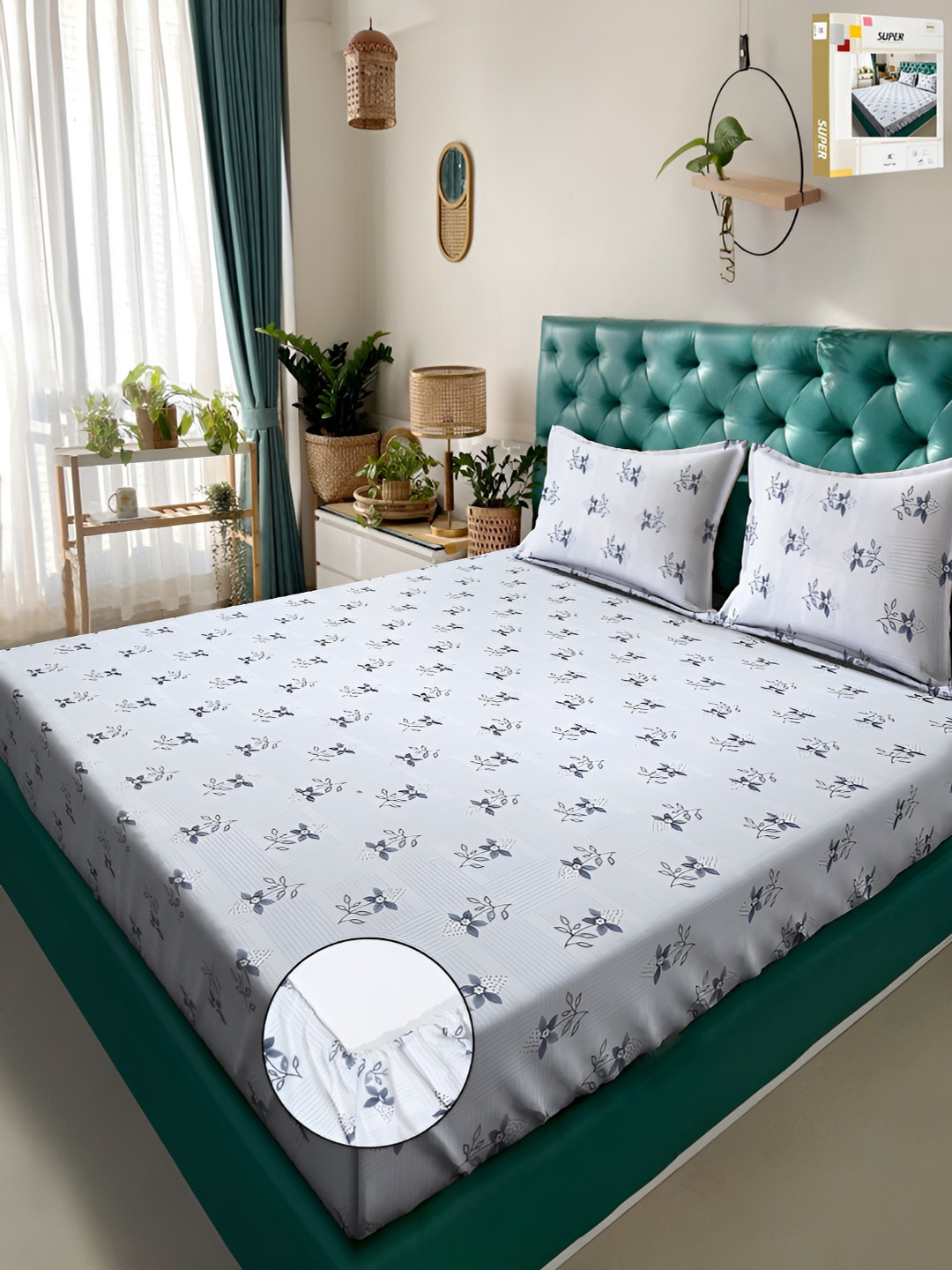 KLOTTHE White Printed 300 TC Fitted Double King Bedsheets & Pillow Covers
KLOTTHE White Printed 300 TC Fitted Double King Bedsheets & Pillow Covers