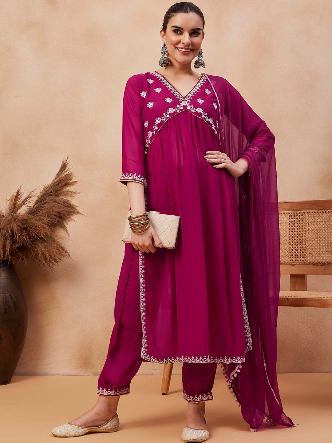 KALINI Floral Yoke Design Regular Sequinned A-line Kurta With Trousers & Dupatta, Pink
KALINI Floral Yoke Design Regular Sequinned A-line Kurta With Trousers & Dupatta, Pink