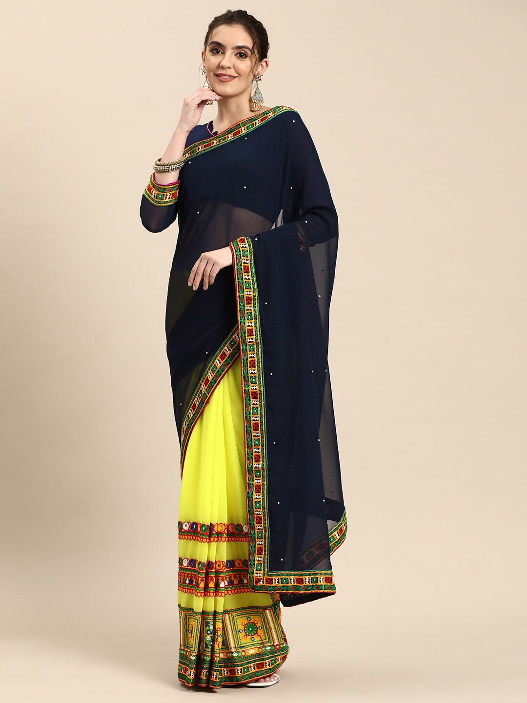 RAJGRANTH Ethnic Motifs Mirror Work Pure Georgette Half and Half Saree, Yellow
RAJGRANTH Ethnic Motifs Mirror Work Pure Georgette Half and Half Saree, Yellow