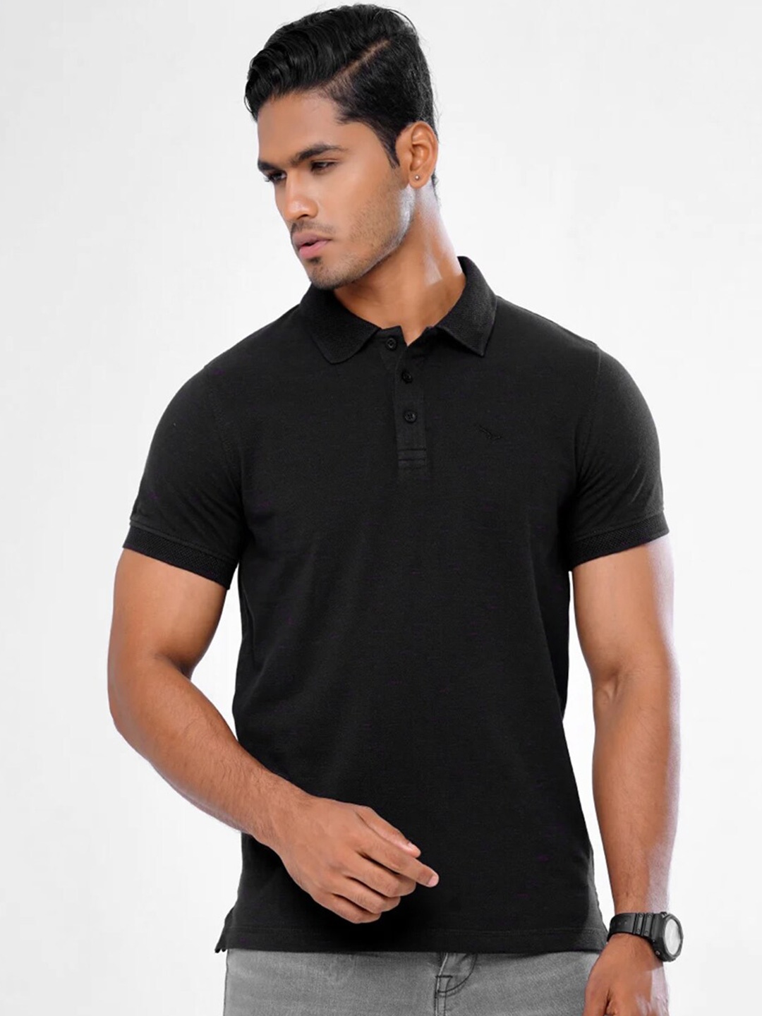 BAESD Men Polo Collar Applique T-shirt, Black