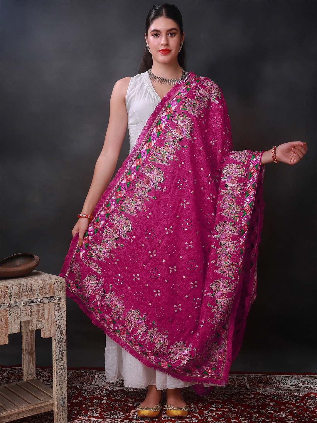 Exotic India Fuschia Embroidered Wedding Palanquin Pattern Phulkari Dupatta, Fuchsia
Exotic India Fuschia Embroidered Wedding Palanquin Pattern Phulkari Dupatta, Fuchsia