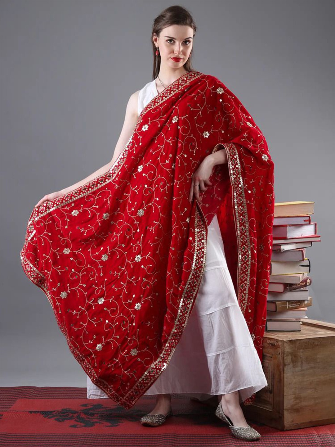 Exotic India Deep Fuchsia Velvet Dupatta with Zari and Sequinned Flower Embroidered Bails
Exotic India Deep Fuchsia Velvet Dupatta with Zari and Sequinned Flower Embroidered Bails