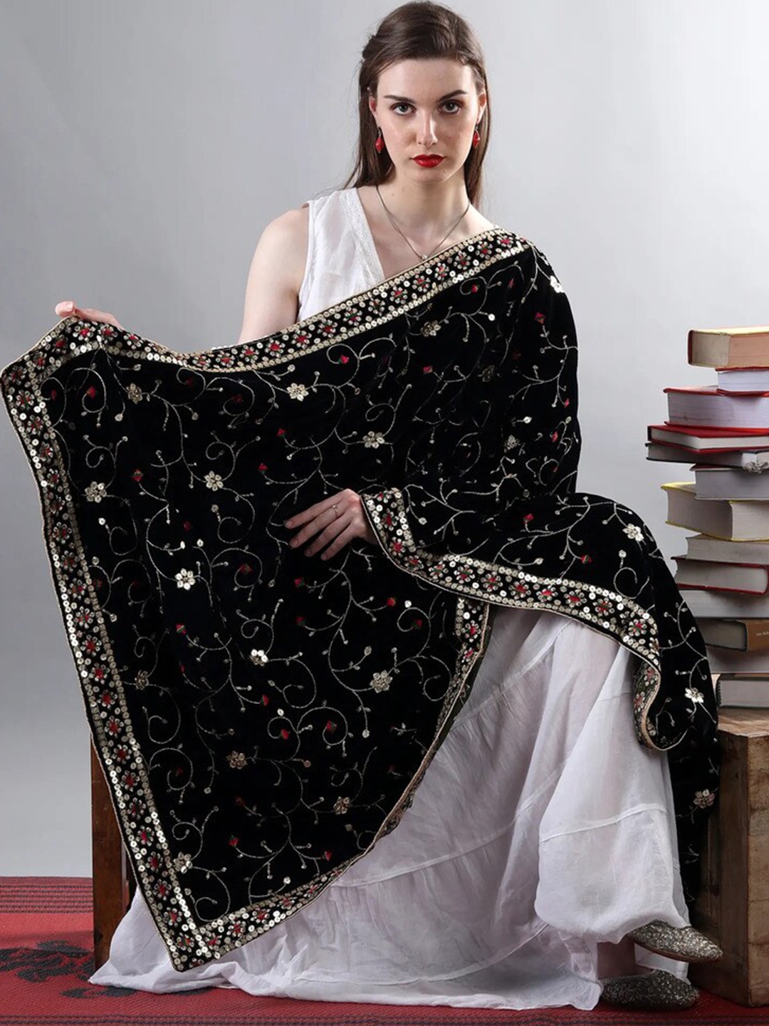 Exotic India Jet Black Velvet Dupatta with Zari and Sequinned Flower Embroidered Bails
Exotic India Jet Black Velvet Dupatta with Zari and Sequinned Flower Embroidered Bails
