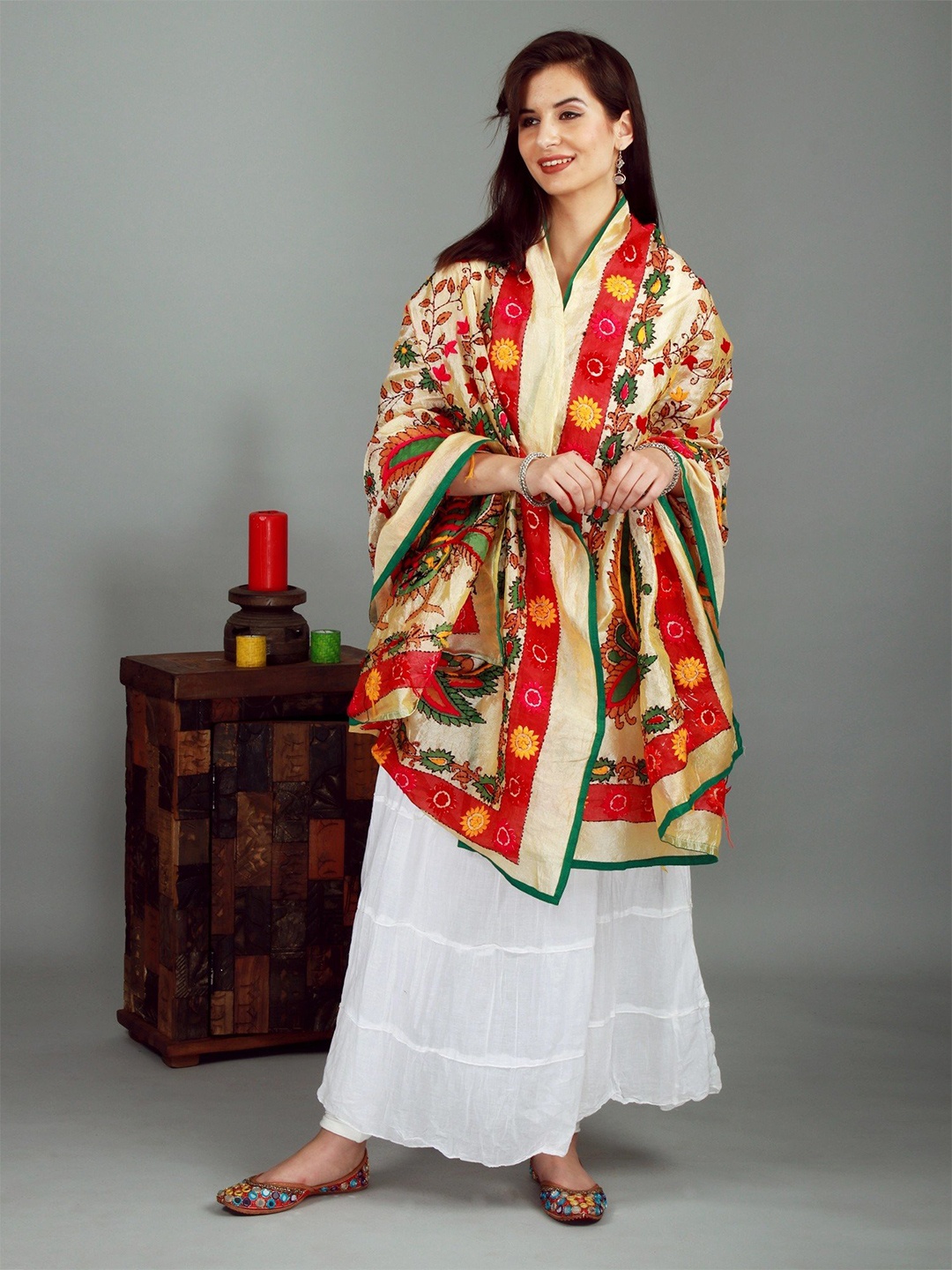 Exotic India Sunlight Multicolor Flower and Leaf Embroidered Phulkari Jodhpuri Dupatta, Off white
Exotic India Sunlight Multicolor Flower and Leaf Embroidered Phulkari Jodhpuri Dupatta, Off white