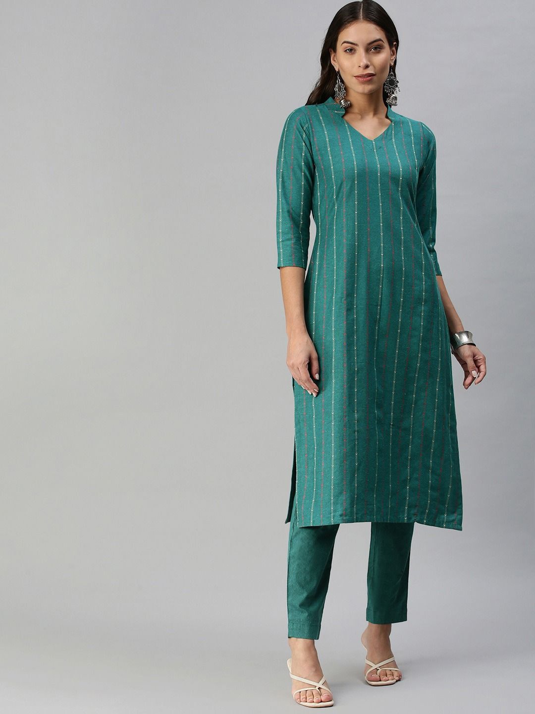 KALINI Vertical Striped Woven Design Regular Thread Work Kurta With Trouser, Turquoise blue
KALINI Vertical Striped Woven Design Regular Thread Work Kurta With Trouser, Turquoise blue