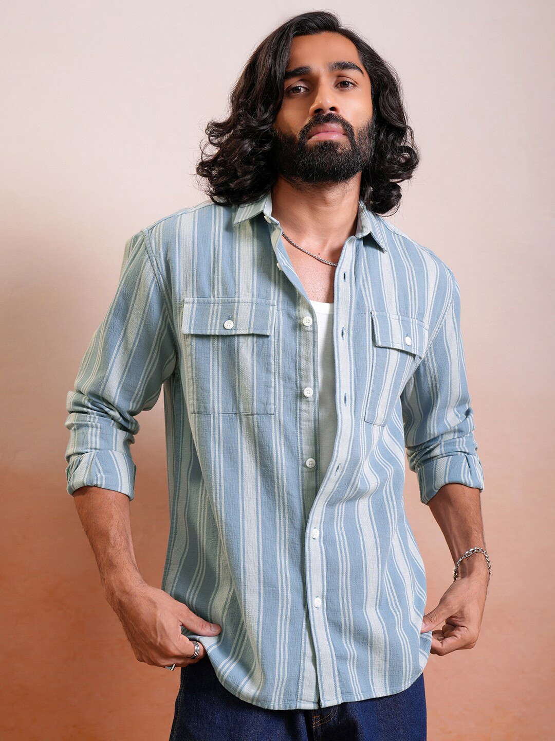 LOCOMOTIVE Premium Dobby Textured Striped Utility Pocket Relaxed Shirt, Blue 
LOCOMOTIVE Premium Dobby Textured Striped Utility Pocket Relaxed Shirt, Blue
