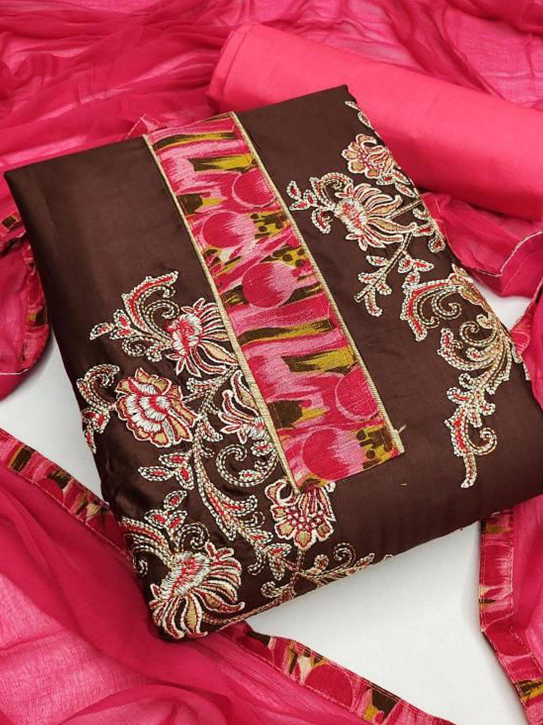 Dori Embroidered Pure Cotton Unstitched Dress Material, Brown 
Dori Embroidered Pure Cotton Unstitched Dress Material, Brown