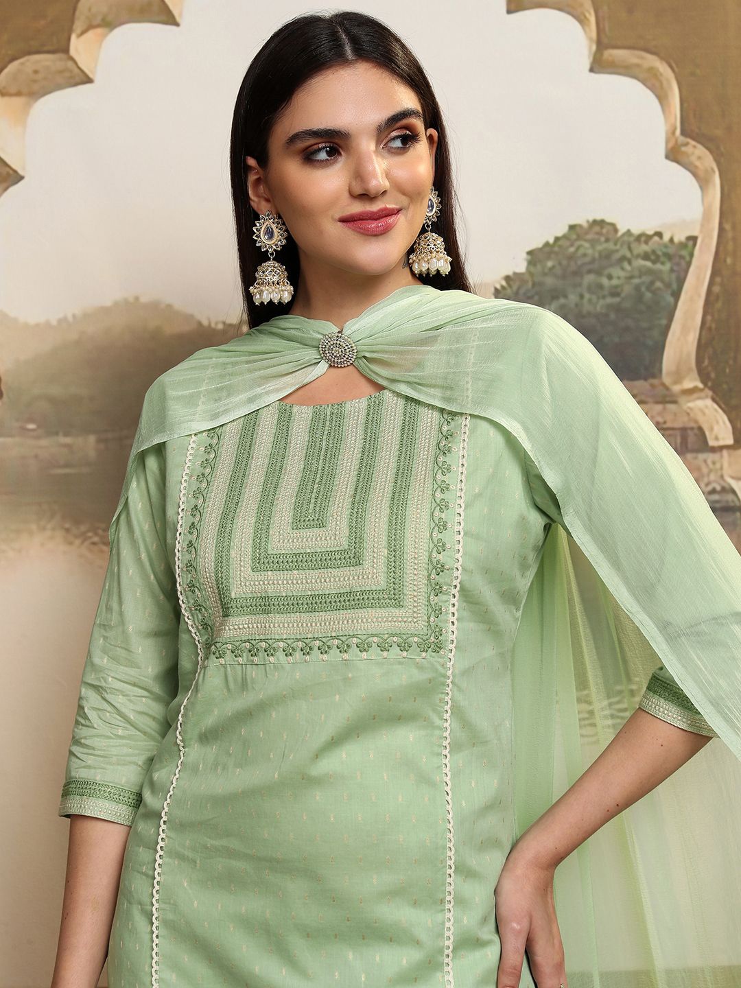 Vishudh Women Embroidered Regular Pure Cotton Kurta with Trousers & With Dupatta, Green
Vishudh Women Embroidered Regular Pure Cotton Kurta with Trousers & With Dupatta, Green
