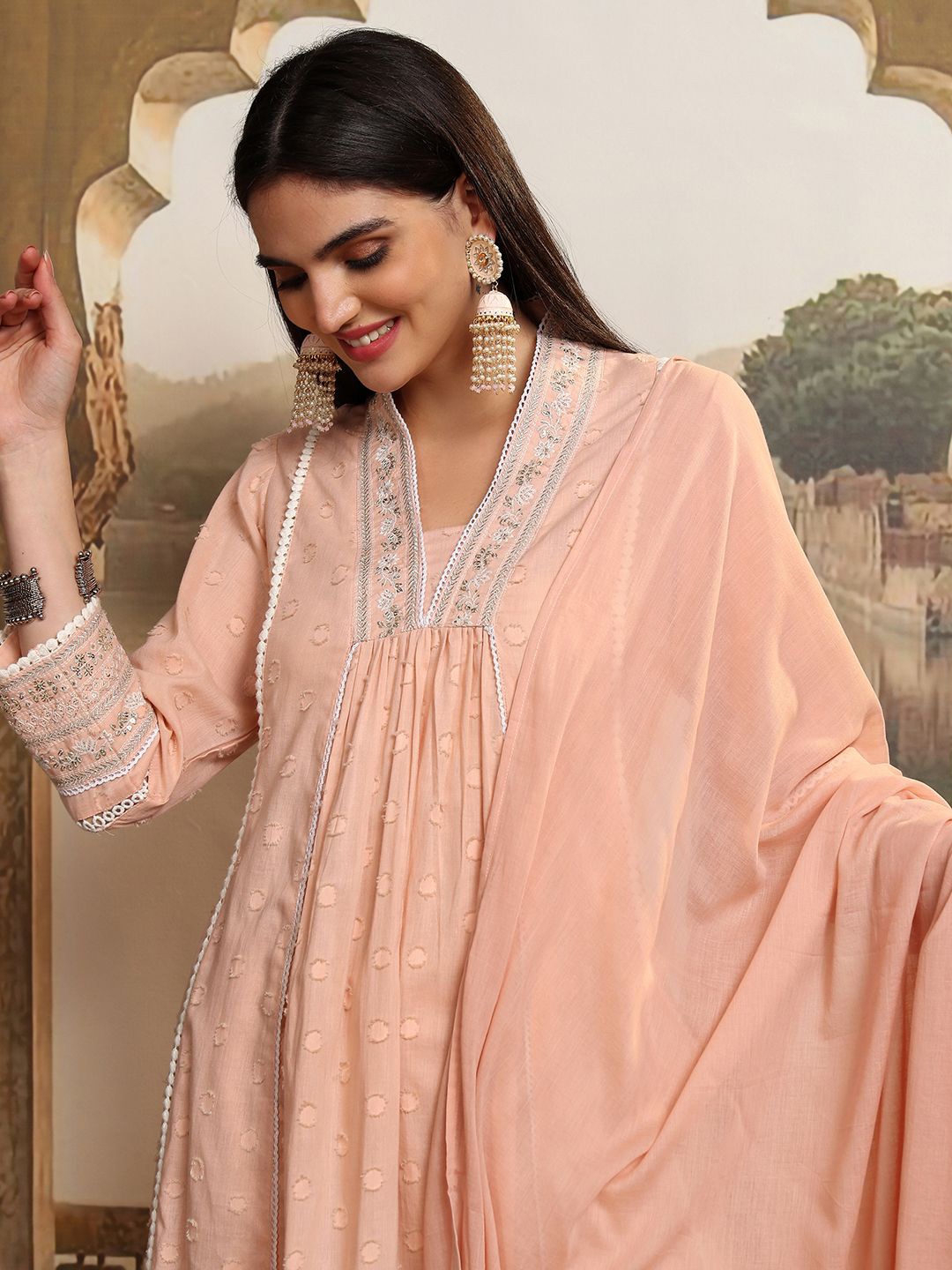 Vishudh Women Embroidered Regular Pure Cotton Kurta with Trousers & With Dupatta, Peach
Vishudh Women Embroidered Regular Pure Cotton Kurta with Trousers & With Dupatta, Peach