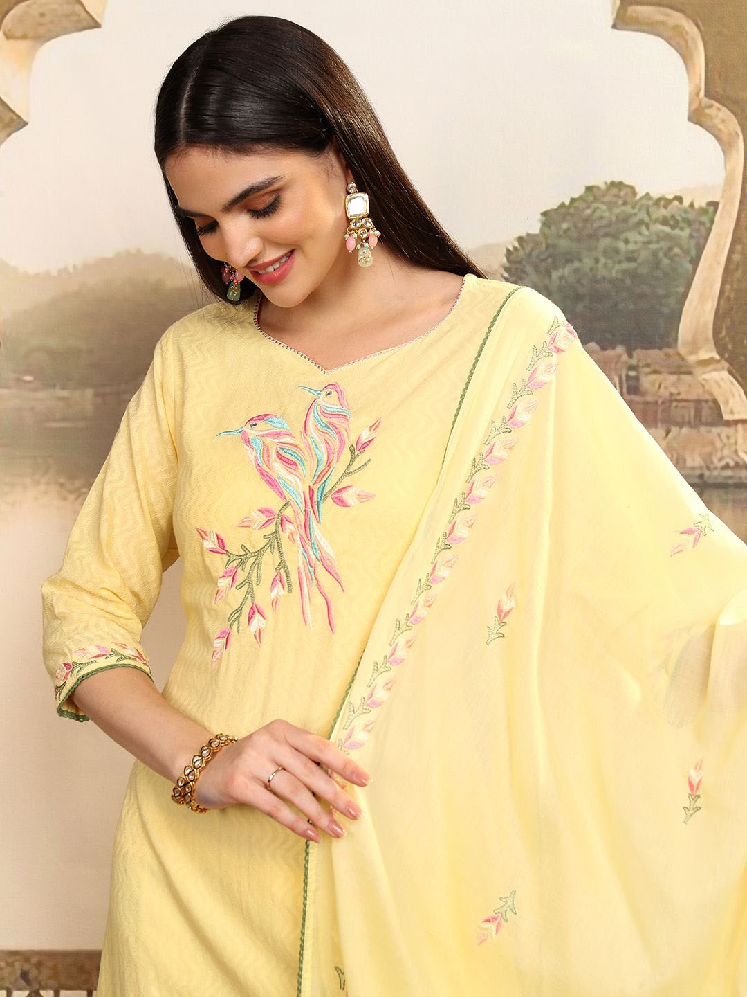 Vishudh Women Floral Embroidered Pure Cotton Kurta with Trousers & With Dupatta, Yellow
Vishudh Women Floral Embroidered Pure Cotton Kurta with Trousers & With Dupatta, Yellow