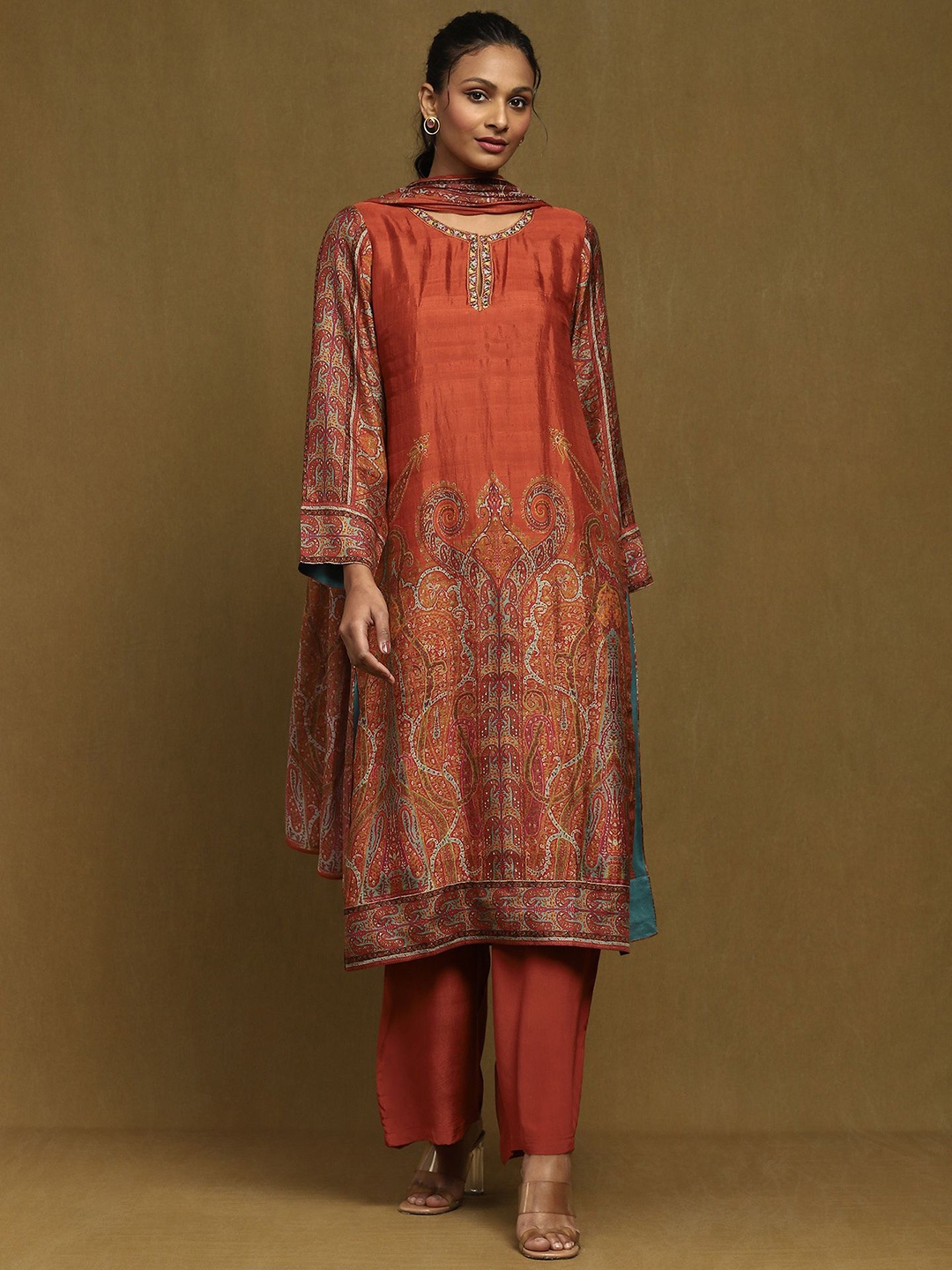 Ritu Kumar Women Ethnic Motifs Printed Pure Silk Kurta with Trousers & With Dupatta, Rust
Ritu Kumar Women Ethnic Motifs Printed Pure Silk Kurta with Trousers & With Dupatta, Rust