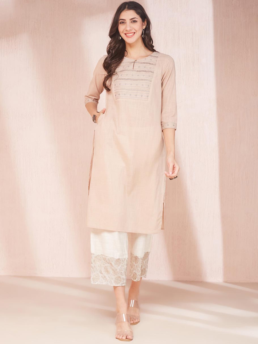 Fabindia Women Geometric Printed Embroidered Striped Round Neck Kurta, Beige
Fabindia Women Geometric Printed Embroidered Striped Round Neck Kurta, Beige