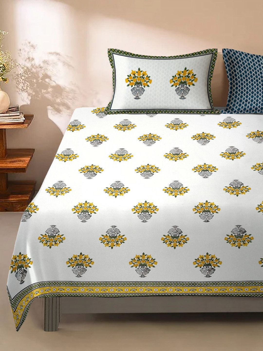 Rajasthan Decor White & Blue Ethnic Motifs 180 TC Queen Bedsheet with 2 Pillow Covers
Rajasthan Decor White & Blue Ethnic Motifs 180 TC Queen Bedsheet with 2 Pillow Covers