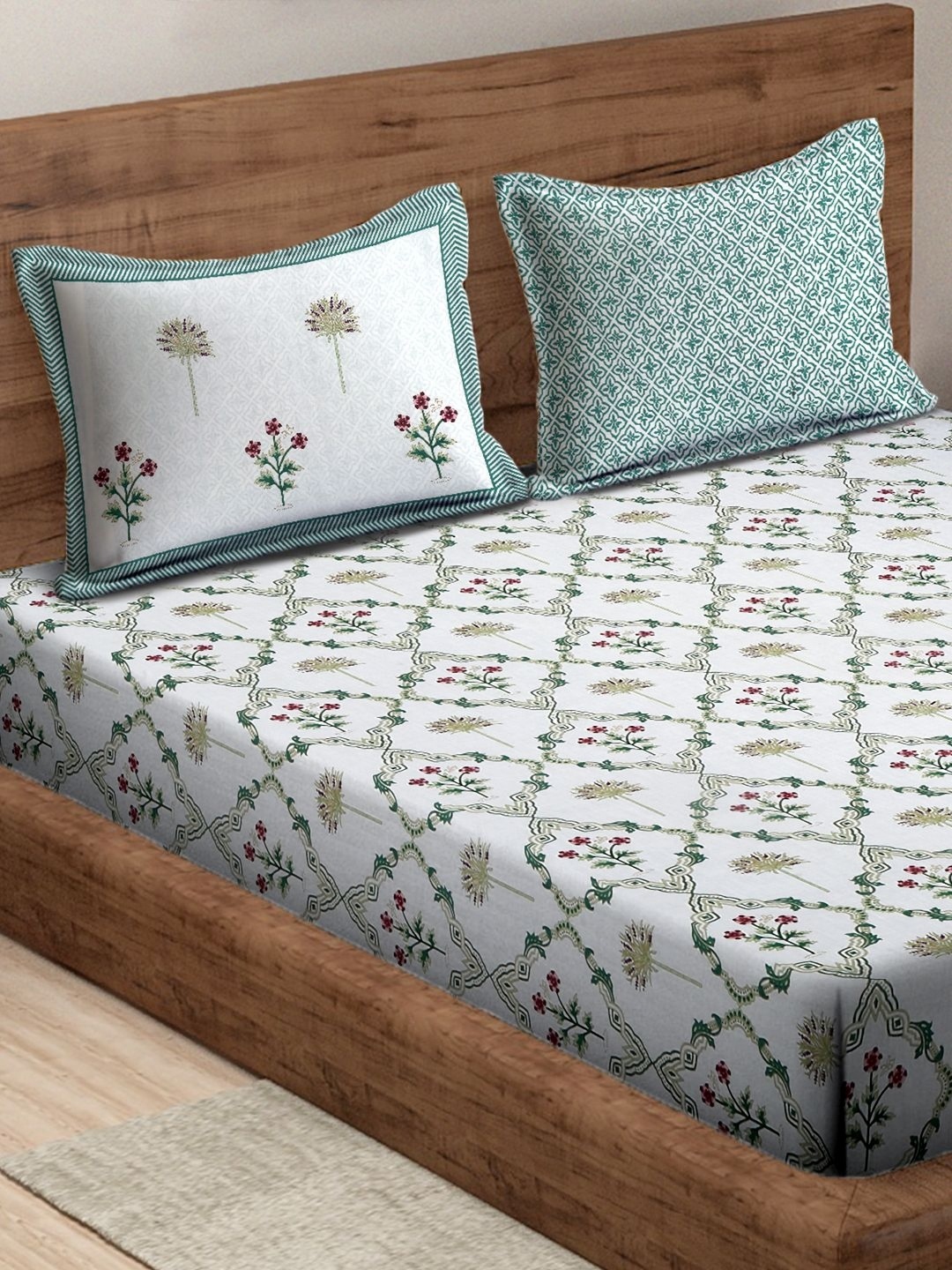 Rajasthan Decor White & Green Ethnic Motifs 180 TC King Bedsheet with 2 Pillow Covers
Rajasthan Decor White & Green Ethnic Motifs 180 TC King Bedsheet with 2 Pillow Covers