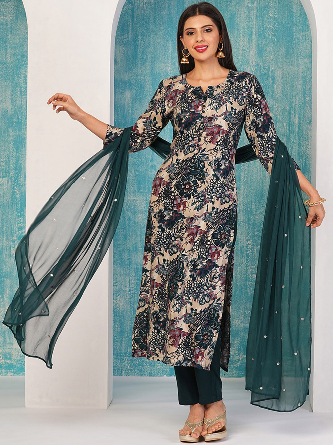 KALINI Women Floral Printed Regular Kurta with Trousers & With Dupatta, Turquoise blue
KALINI Women Floral Printed Regular Kurta with Trousers & With Dupatta, Turquoise blue
