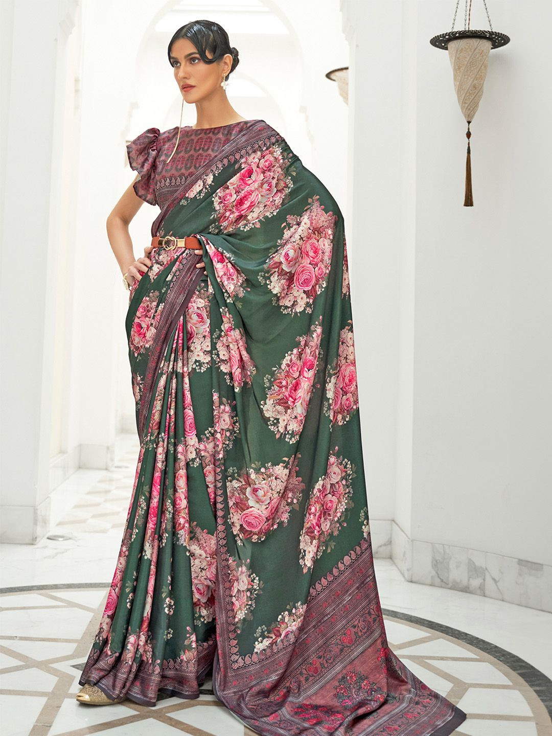 Ishin Floral Satin Saree, Green 
Ishin Floral Satin Saree, Green