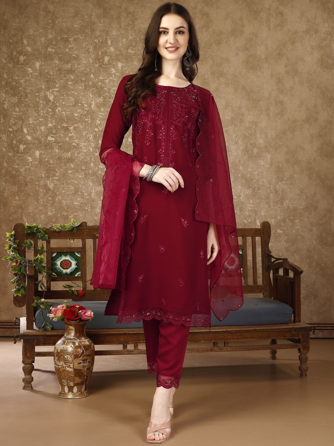 KALINI Women Ethnic Motifs Embroidered Sequinned Kurta with Trousers & With Dupatta, Maroon
KALINI Women Ethnic Motifs Embroidered Sequinned Kurta with Trousers & With Dupatta, Maroon