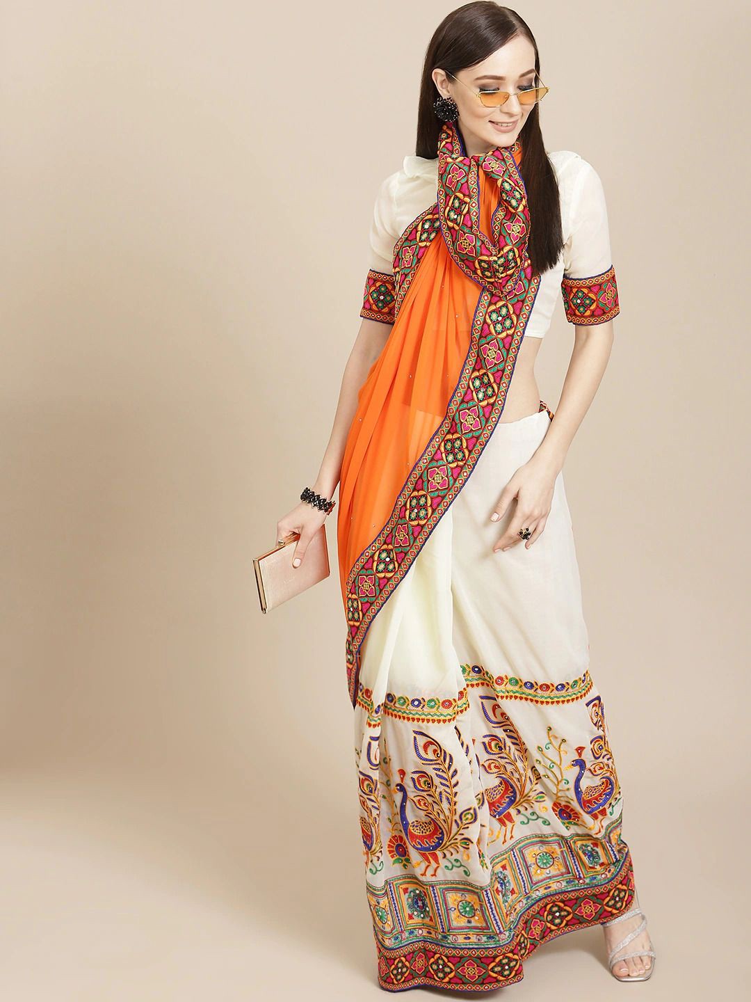 RAJGRANTH Ethnic Motifs Kutchi Embroidery Pure Georgette Half and Half Saree, Orange
RAJGRANTH Ethnic Motifs Kutchi Embroidery Pure Georgette Half and Half Saree, Orange