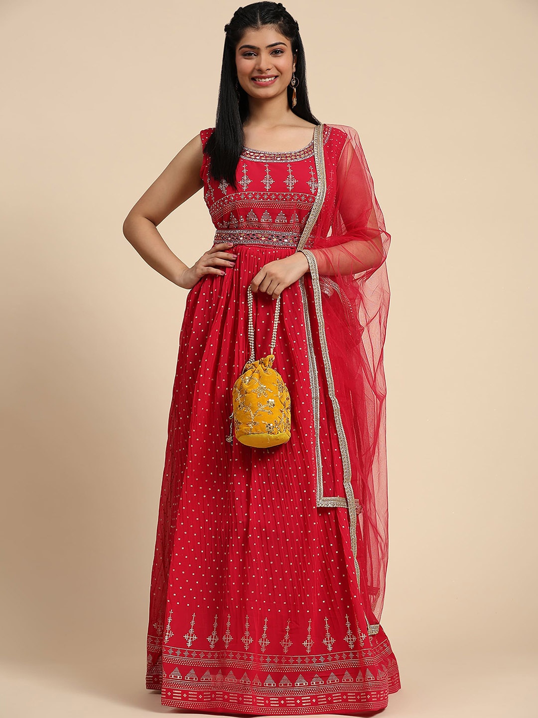 AMOHA TRENDZ Women Pure Georgette Embroidered and Foil Printed Gown with Belt & Dupatta, Pink
AMOHA TRENDZ Women Pure Georgette Embroidered and Foil Printed Gown with Belt & Dupatta, Pink