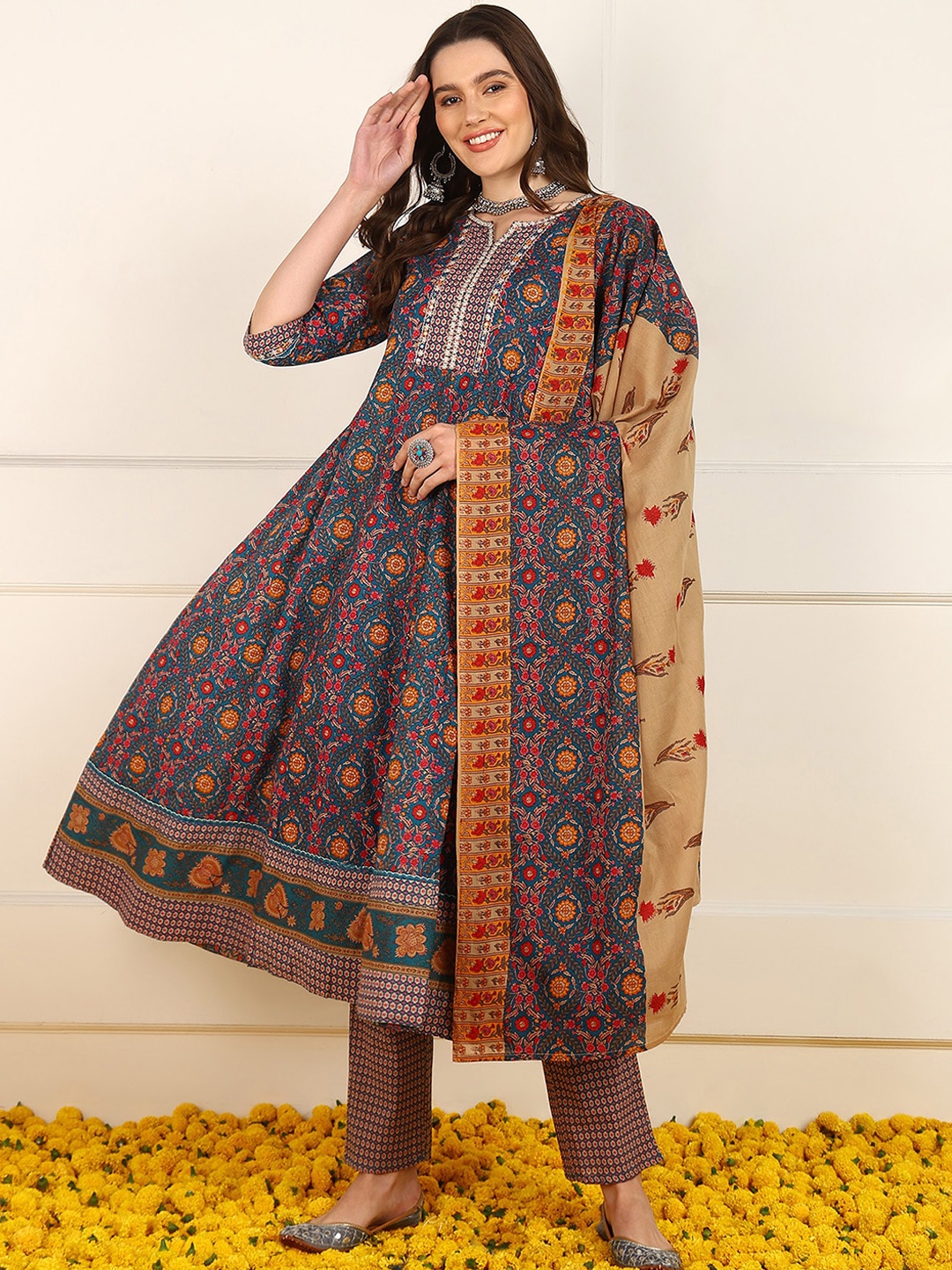 AHIKA Blue & Orange Floral Printed Pure Cotton Anarkali Kurta with Trousers & Dupatta
AHIKA Blue & Orange Floral Printed Pure Cotton Anarkali Kurta with Trousers & Dupatta