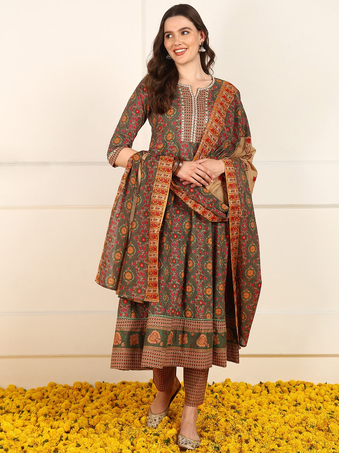 AHIKA Green & Orange Floral Printed Pure Cotton Anarkali Kurta with Trousers & Dupatta
AHIKA Green & Orange Floral Printed Pure Cotton Anarkali Kurta with Trousers & Dupatta