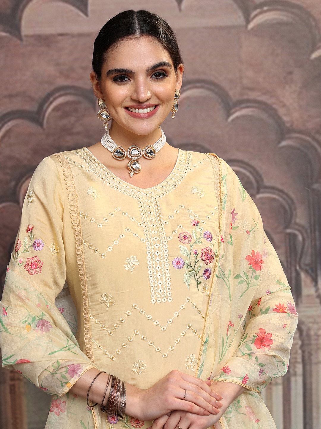 Vishudh Yellow Floral Embroidered Mirror Work Straight Kurta With Trousers & Dupatta
Vishudh Yellow Floral Embroidered Mirror Work Straight Kurta With Trousers & Dupatta
