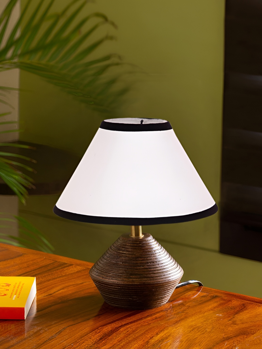 Devansh White Textured Wooden Contemporary Frustum Shaped Table Lamp