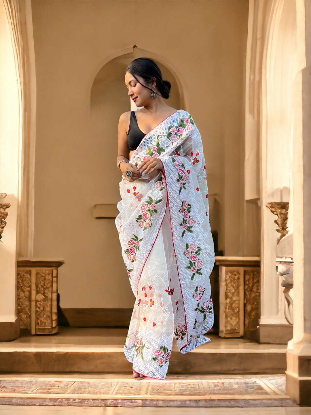 VAMSEE Floral Embroidered Organza Saree, White 
VAMSEE Floral Embroidered Organza Saree, White