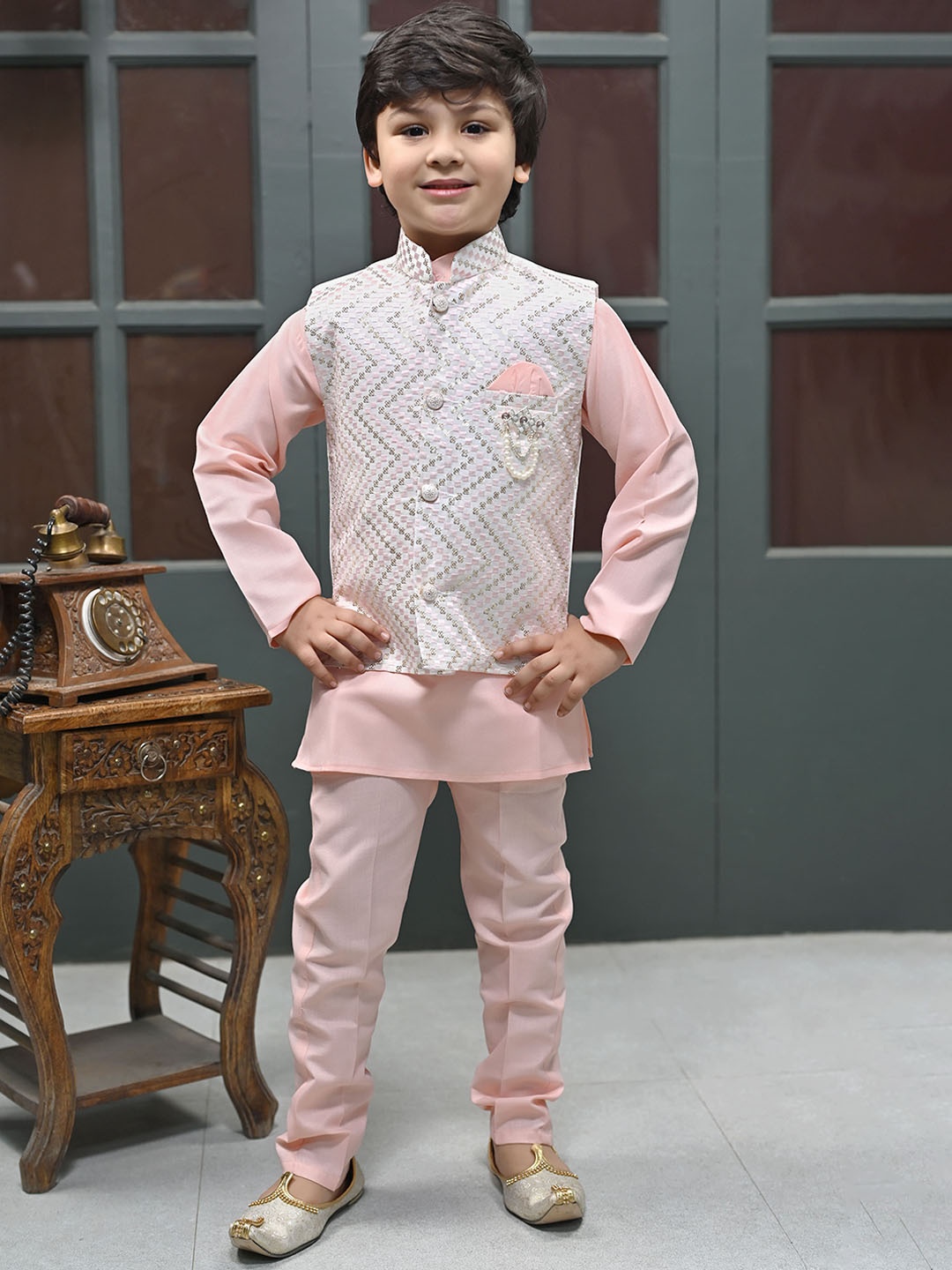 BT DEZINES Boys Sequinned Mandarin Collar Straight Kurta With Trousers With Waistcoat, Pink
BT DEZINES Boys Sequinned Mandarin Collar Straight Kurta With Trousers With Waistcoat, Pink